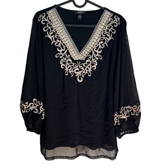 Alfani M Black Top with Embroidery, Crochet Lace and Beading mesh sleeves - Picture 1 of 8